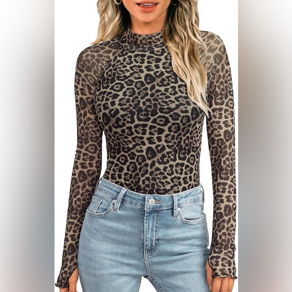 Mesh Long Sleeve Top Mock Neck Leopard Sheer Animal Print Shirt Top